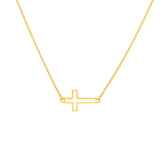 14k Yellow Gold White Enamel Sideways Cross Necklace